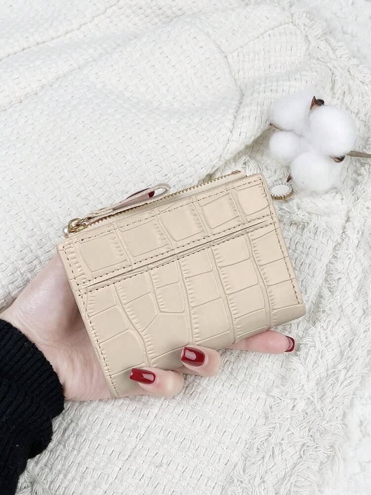 Fold Over Small Wallet with Letter Detail, Slim Bifold Pocket Purse for Women, Lightweight Card Case with Key Slot, Cute and Modern Daily Wallet