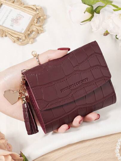 Fold Over Small Wallet with Letter Detail, Slim Bifold Pocket Purse for Women, Lightweight Card Case with Key Slot, Cute and Modern Daily Wallet