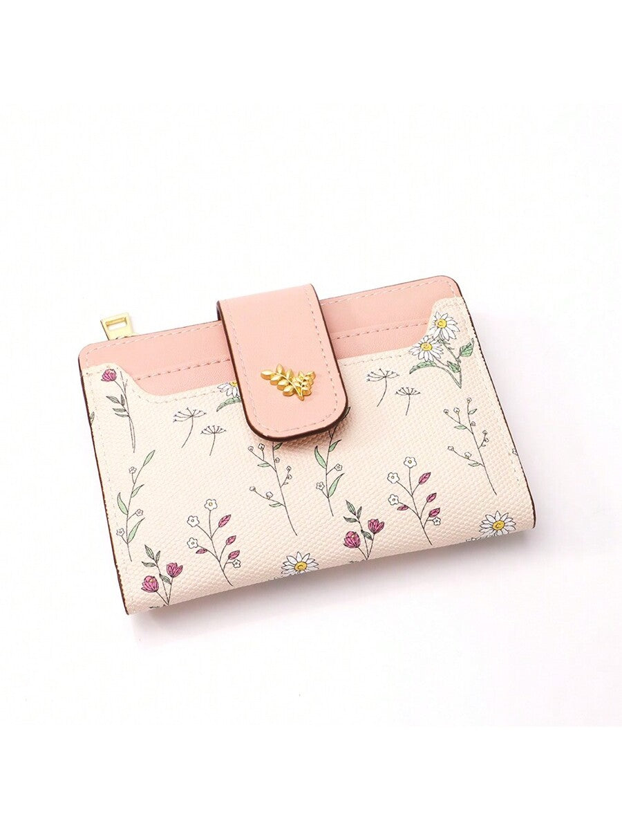 Tri-Fold Coin Wallet with Leaf Metal Button, Stylish Compact Card Holder for Women, Small Fashionable PU Purse, Elegant and Practical Design