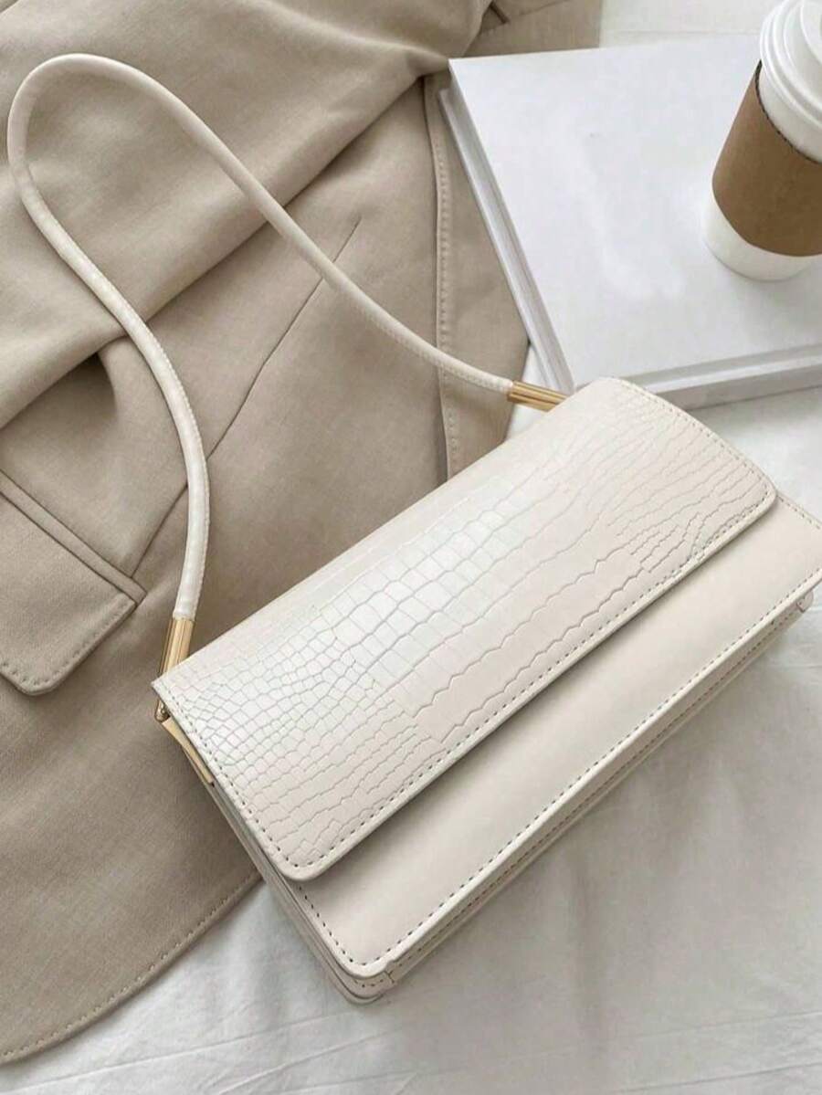 Crocodile Embossed Flap Shoulder Bag for Women, Fashionable Textured PU Leather Purse, Elegant Compact Handbag for Daily Use and Events