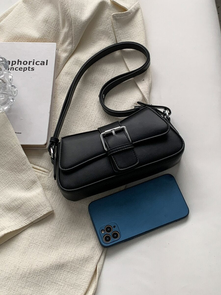 Small PU Shoulder Bag with Buckle Decor, Solid Colour Underarm Purse with Magnet Closure and Zipper, Stylish Compact Bag for Any Occasion