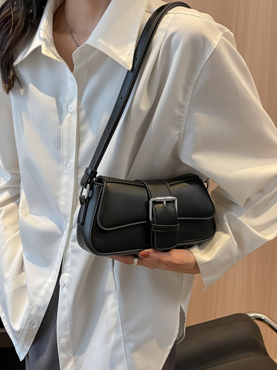 Small PU Shoulder Bag with Buckle Decor, Solid Colour Underarm Purse with Magnet Closure and Zipper, Stylish Compact Bag for Any Occasion