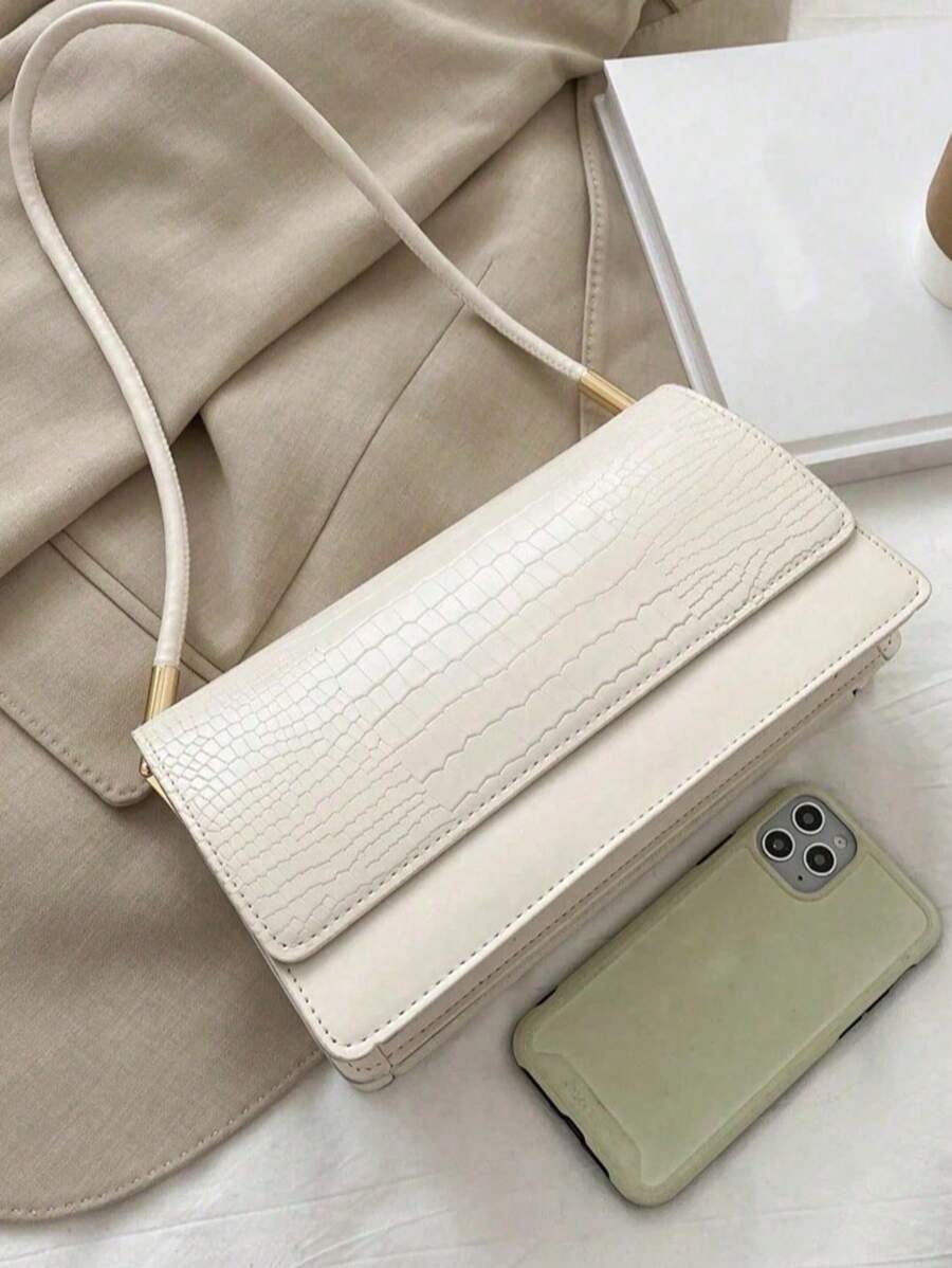 Crocodile Embossed Flap Shoulder Bag for Women, Fashionable Textured PU Leather Purse, Elegant Compact Handbag for Daily Use and Events