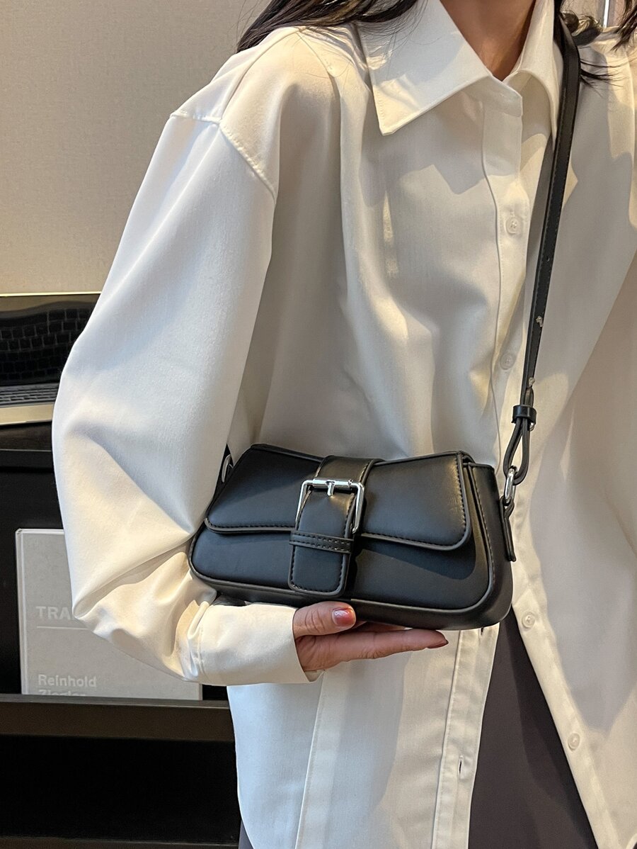 Small PU Shoulder Bag with Buckle Decor, Solid Colour Underarm Purse with Magnet Closure and Zipper, Stylish Compact Bag for Any Occasion