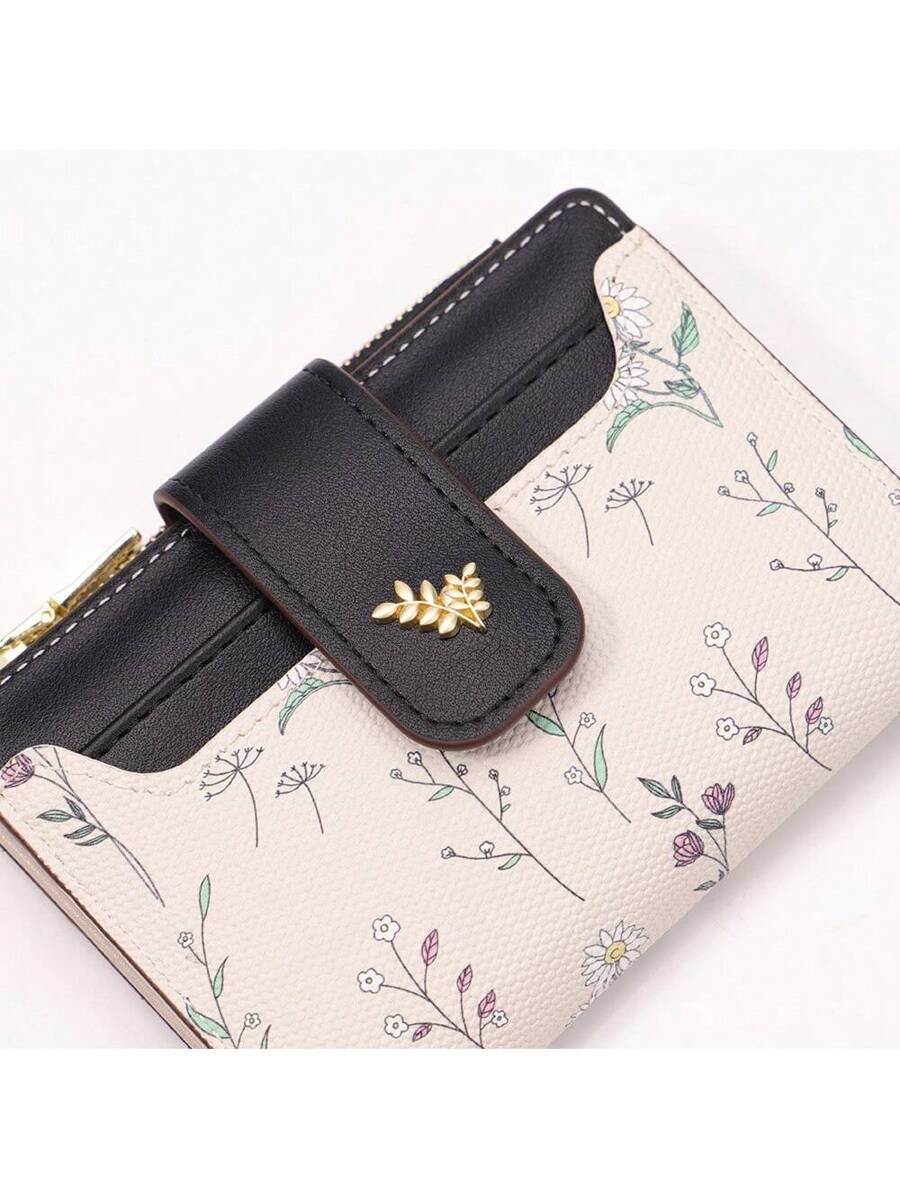 Tri-Fold Coin Wallet with Leaf Metal Button, Stylish Compact Card Holder for Women, Small Fashionable PU Purse, Elegant and Practical Design