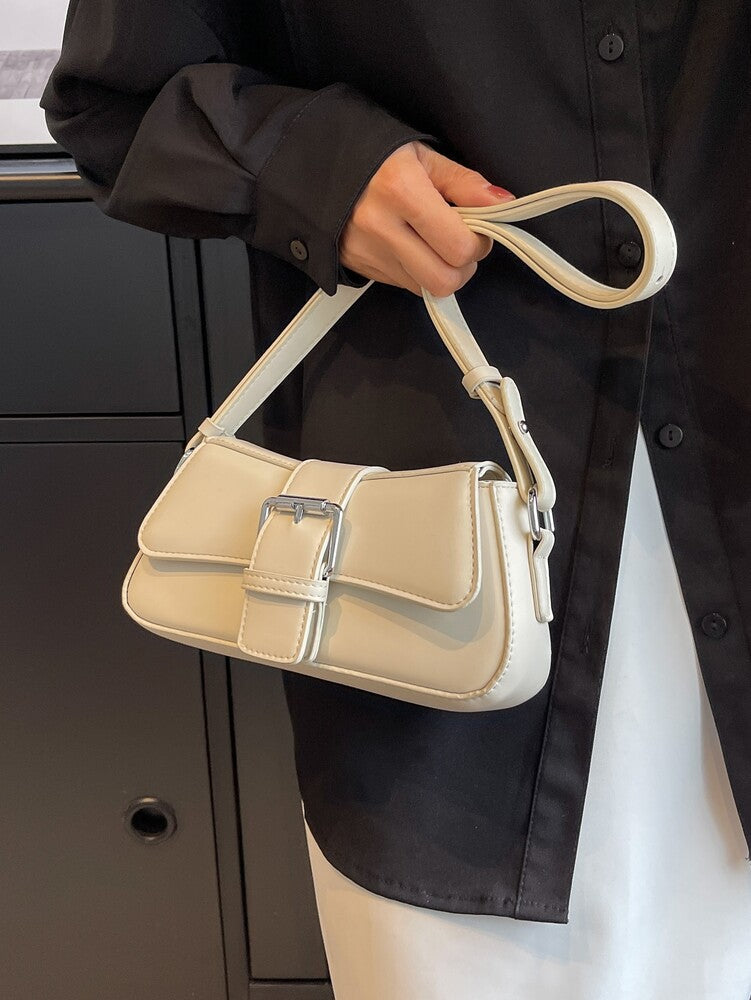 Small PU Shoulder Bag with Buckle Decor, Solid Colour Underarm Purse with Magnet Closure and Zipper, Stylish Compact Bag for Any Occasion