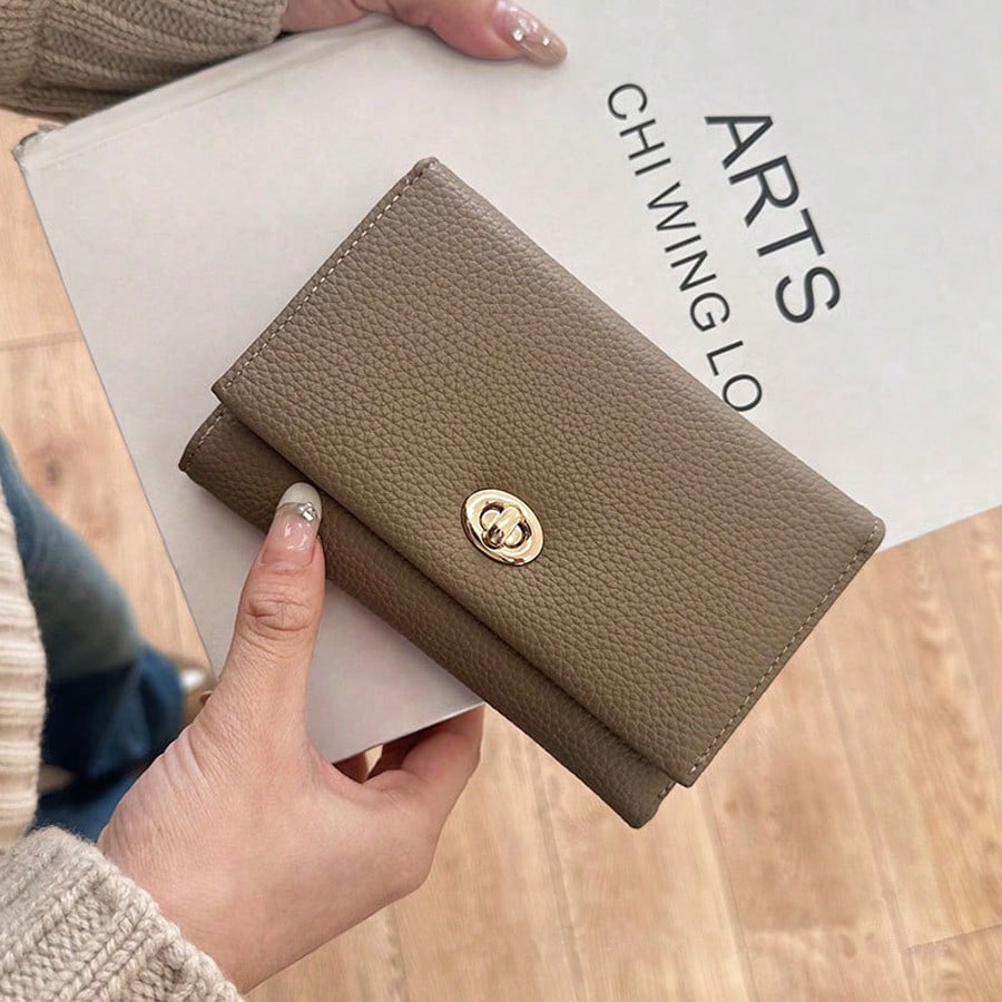 PU Leather Lock Buckle Short Wallet for Women, Elegant Mini Purse with Structured Design, Stylish Daily Wallet for Modern Feminine Looks