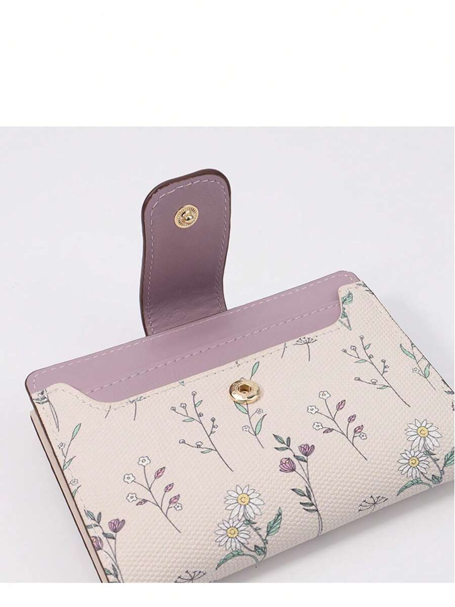 Tri-Fold Coin Wallet with Leaf Metal Button, Stylish Compact Card Holder for Women, Small Fashionable PU Purse, Elegant and Practical Design