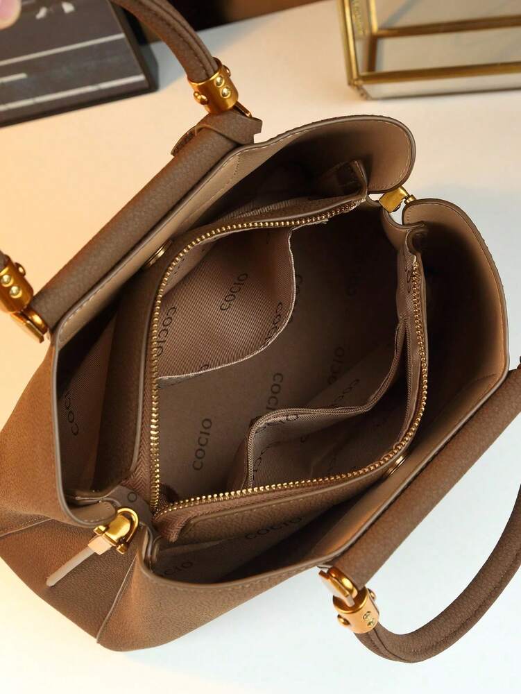 Autumn/Winter Elegant Brown Shoulder Tote for Women, Mature Commuter Handbag with Crossbody Option and Nameplate Charm for Daily Use