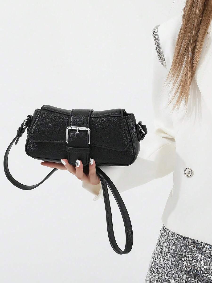 Small PU Shoulder Bag with Buckle Decor, Solid Colour Underarm Purse with Magnet Closure and Zipper, Stylish Compact Bag for Any Occasion