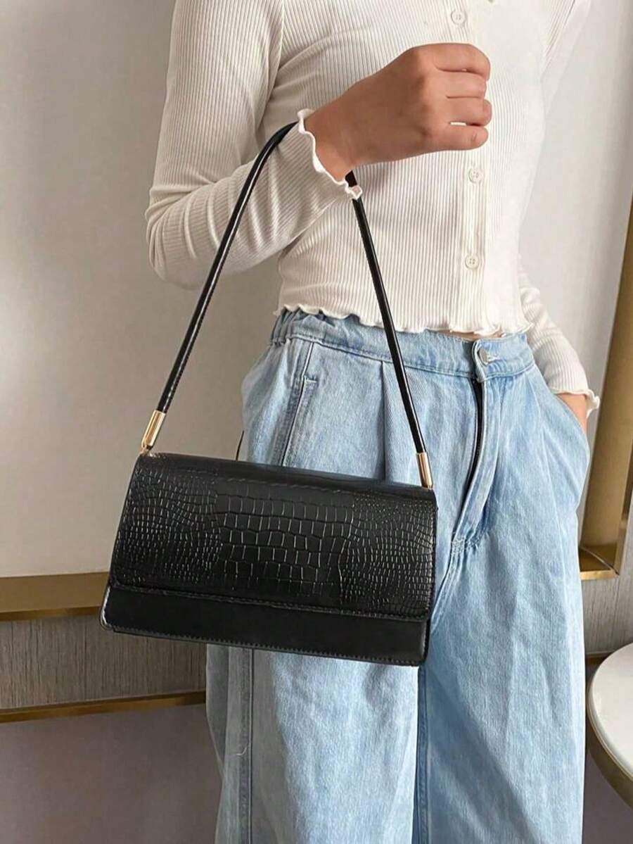 Crocodile Embossed Flap Shoulder Bag for Women, Fashionable Textured PU Leather Purse, Elegant Compact Handbag for Daily Use and Events