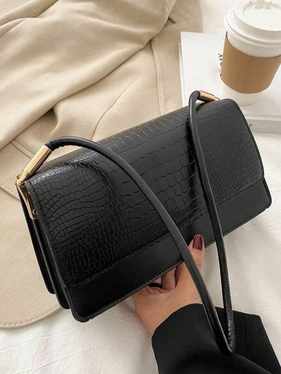 Crocodile Embossed Flap Shoulder Bag for Women, Fashionable Textured PU Leather Purse, Elegant Compact Handbag for Daily Use and Events