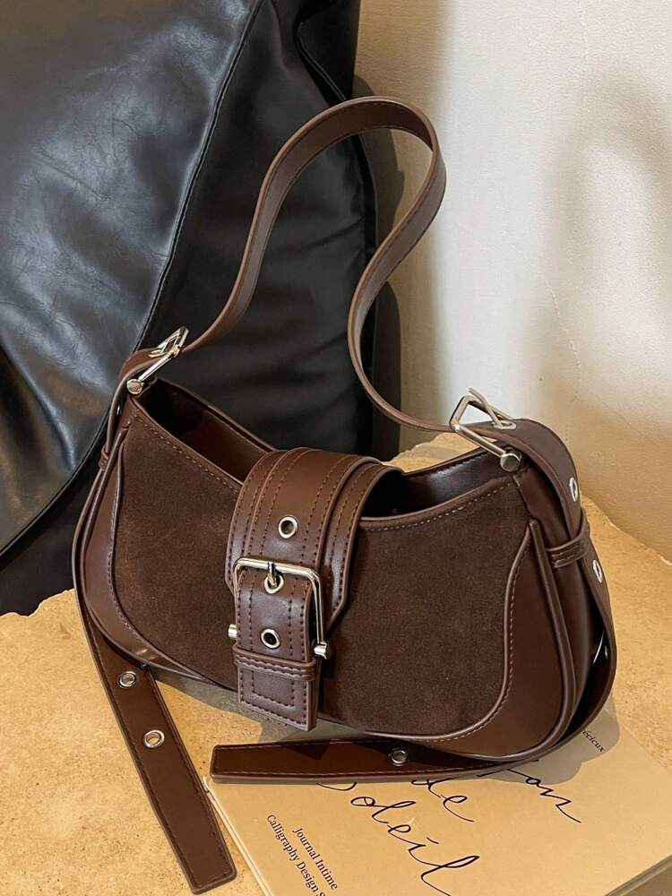Crescent Motorcycle Underarm Bag with Metal Eyelets, Retro Cool Style Crossbody Purse for Women, Unique Niche Texture Daily Handbag