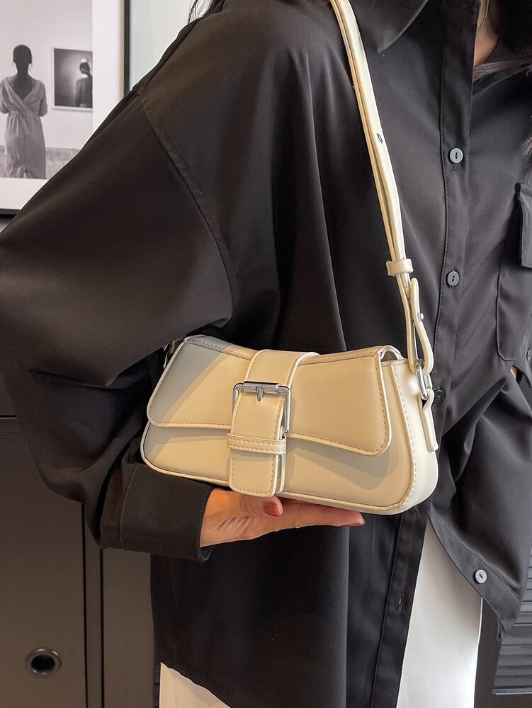 Small PU Shoulder Bag with Buckle Decor, Solid Colour Underarm Purse with Magnet Closure and Zipper, Stylish Compact Bag for Any Occasion