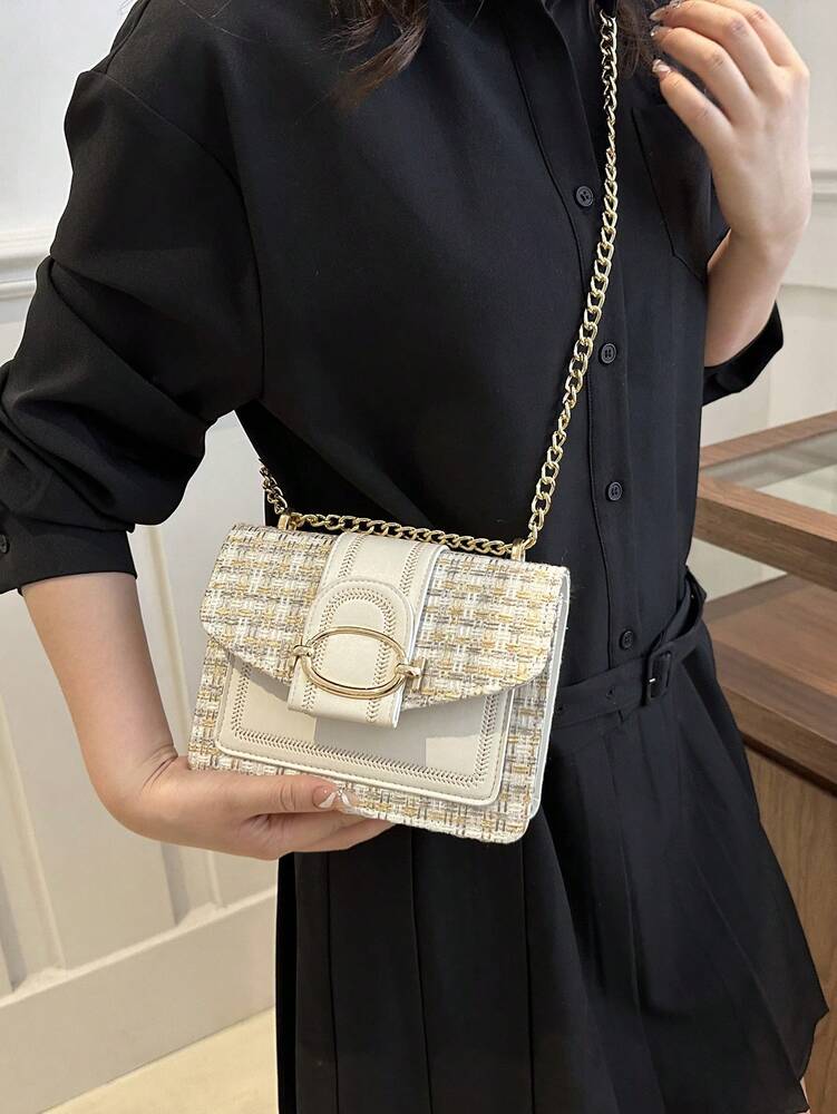 Mini Tweed Crossbody Bag with Chain Strap, Retro Square Purse for Women with Plaid Pattern, Lightweight and Fashionable Daily Shoulder Bag