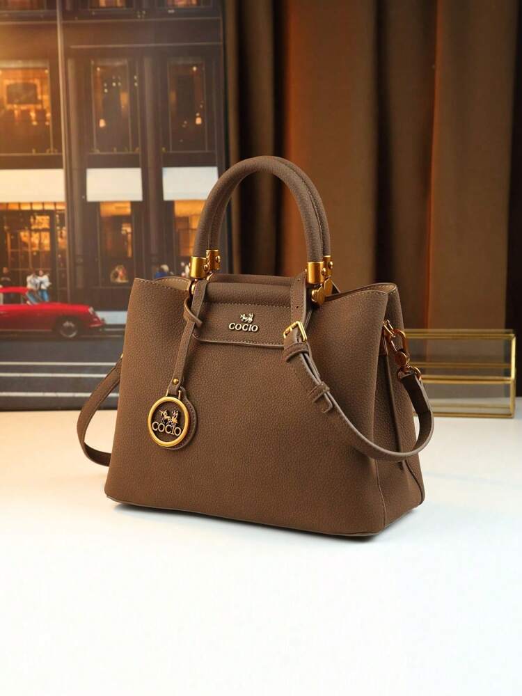 Autumn/Winter Elegant Brown Shoulder Tote for Women, Mature Commuter Handbag with Crossbody Option and Nameplate Charm for Daily Use