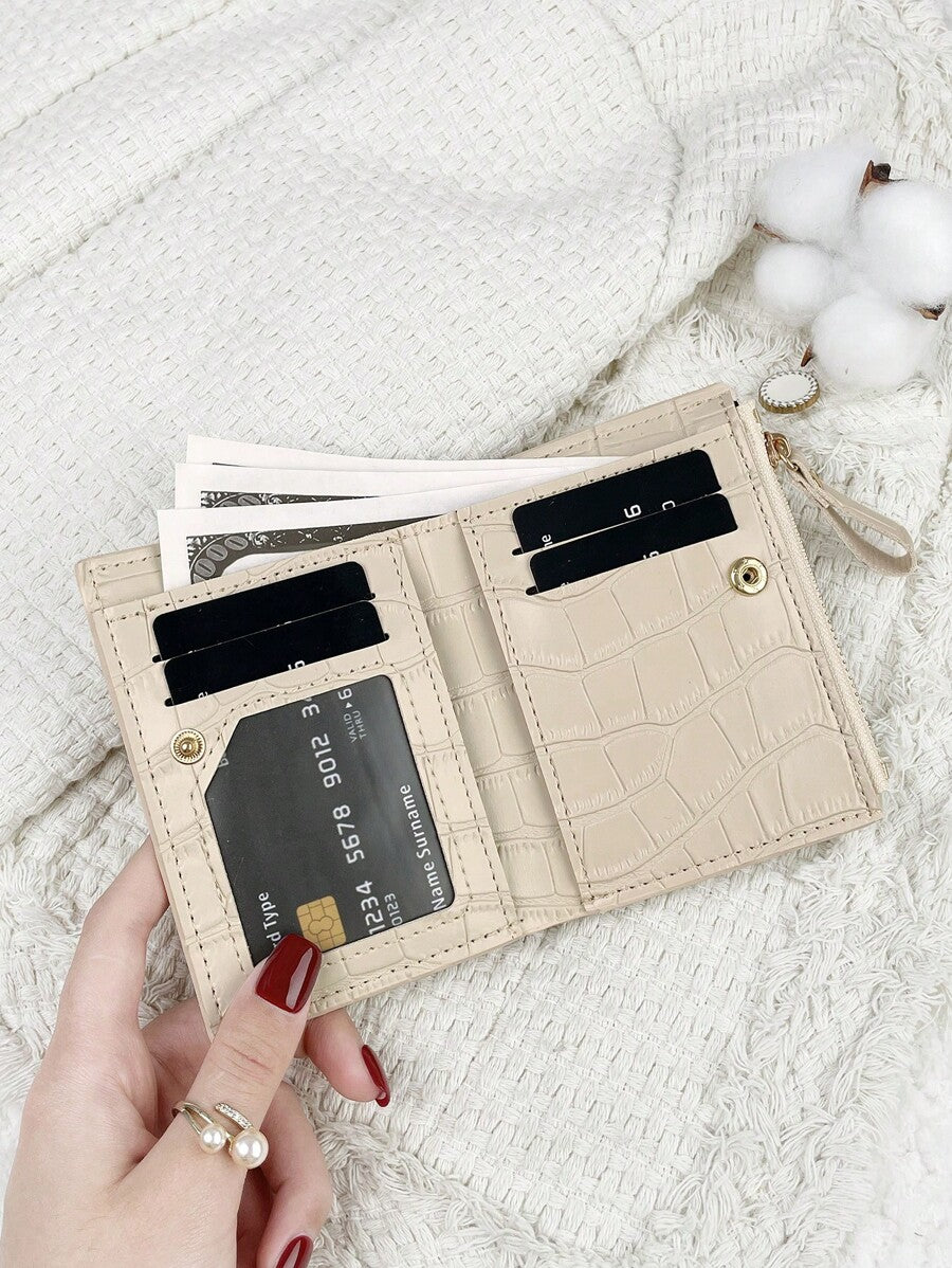 Fold Over Small Wallet with Letter Detail, Slim Bifold Pocket Purse for Women, Lightweight Card Case with Key Slot, Cute and Modern Daily Wallet