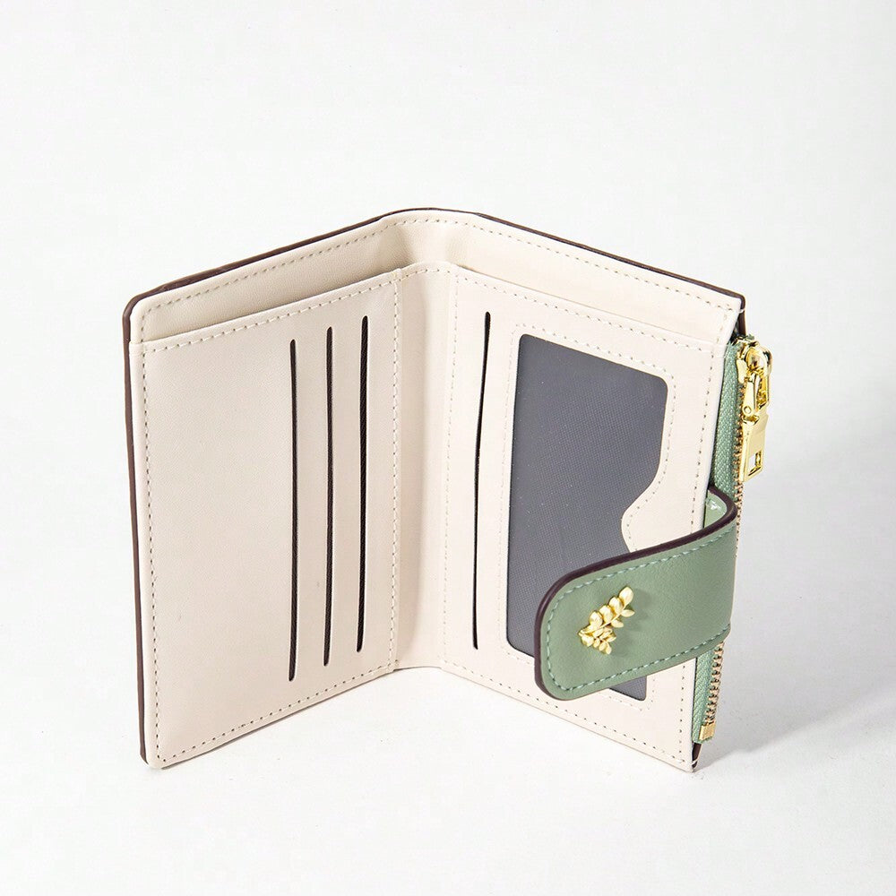 Tri-Fold Coin Wallet with Leaf Metal Button, Stylish Compact Card Holder for Women, Small Fashionable PU Purse, Elegant and Practical Design
