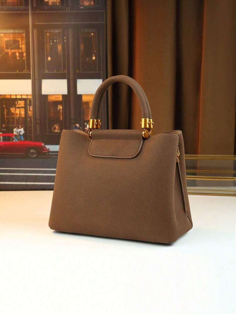 Autumn/Winter Elegant Brown Shoulder Tote for Women, Mature Commuter Handbag with Crossbody Option and Nameplate Charm for Daily Use