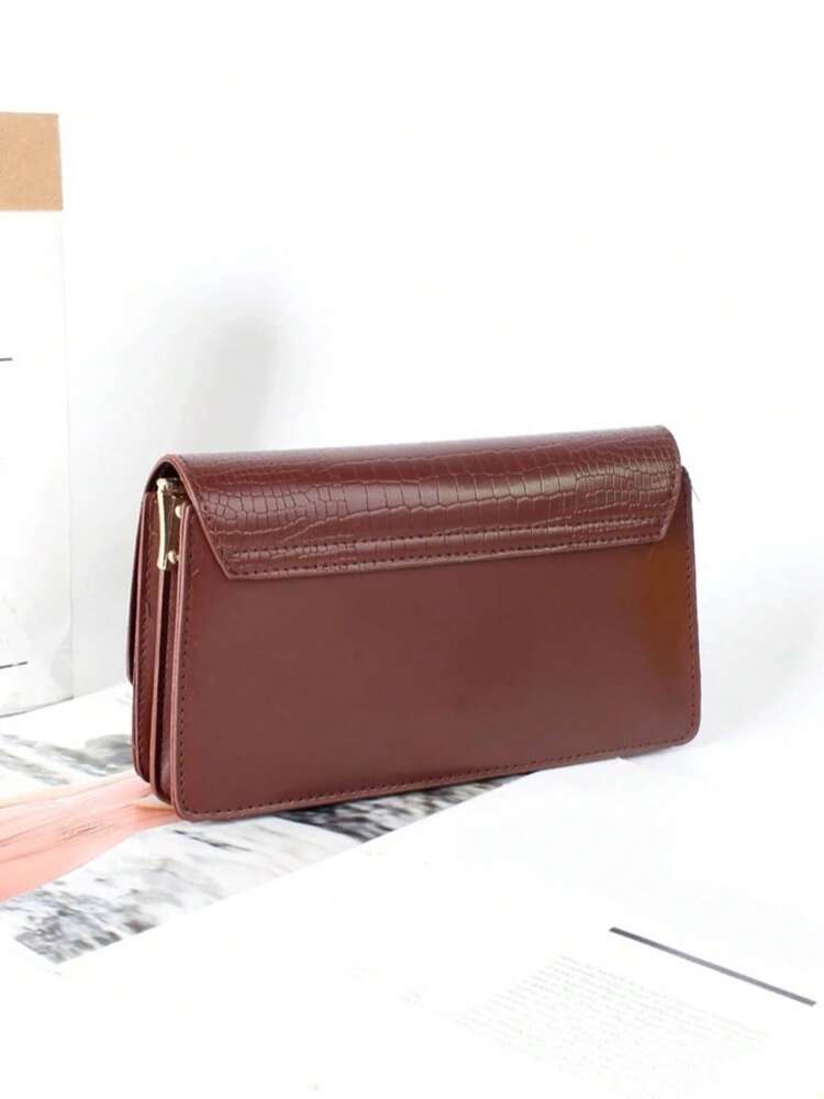 Crocodile Embossed Flap Shoulder Bag for Women, Fashionable Textured PU Leather Purse, Elegant Compact Handbag for Daily Use and Events