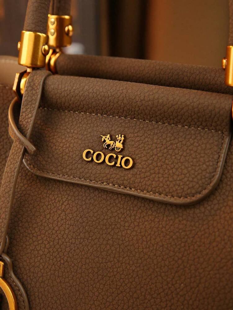 Autumn/Winter Elegant Brown Shoulder Tote for Women, Mature Commuter Handbag with Crossbody Option and Nameplate Charm for Daily Use
