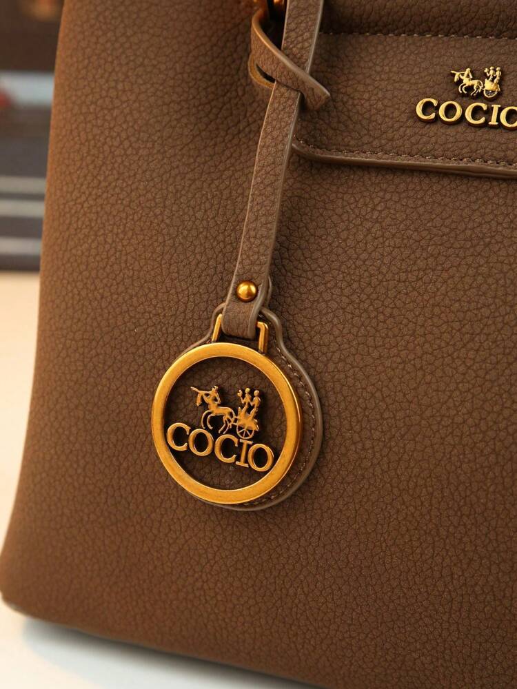 Autumn/Winter Elegant Brown Shoulder Tote for Women, Mature Commuter Handbag with Crossbody Option and Nameplate Charm for Daily Use