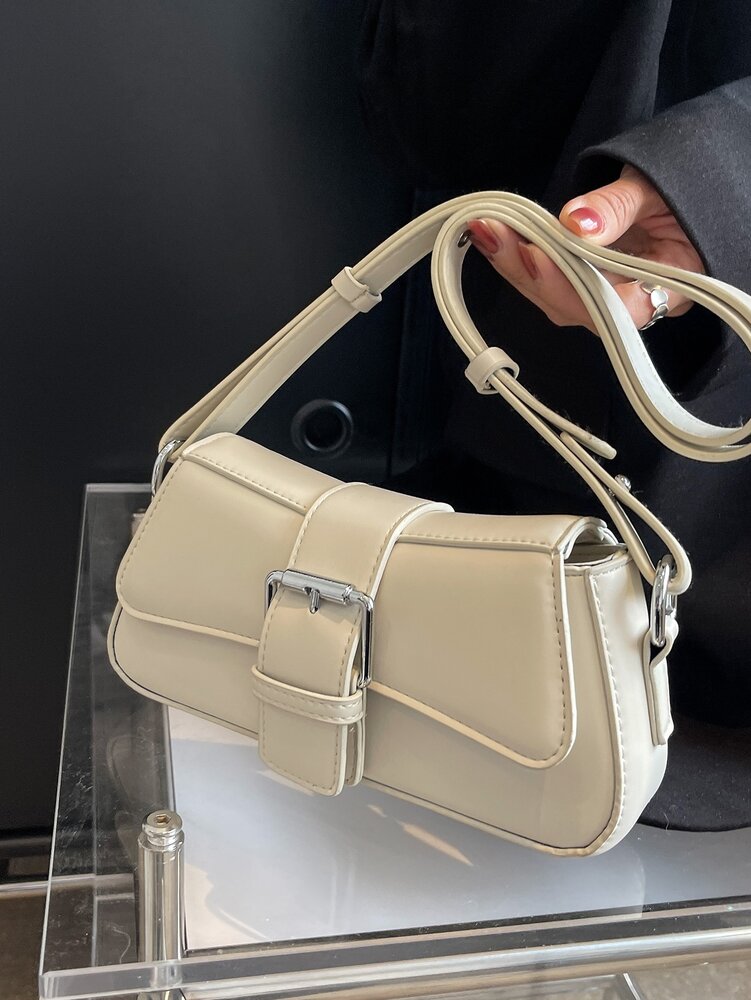 Small PU Shoulder Bag with Buckle Decor, Solid Colour Underarm Purse with Magnet Closure and Zipper, Stylish Compact Bag for Any Occasion