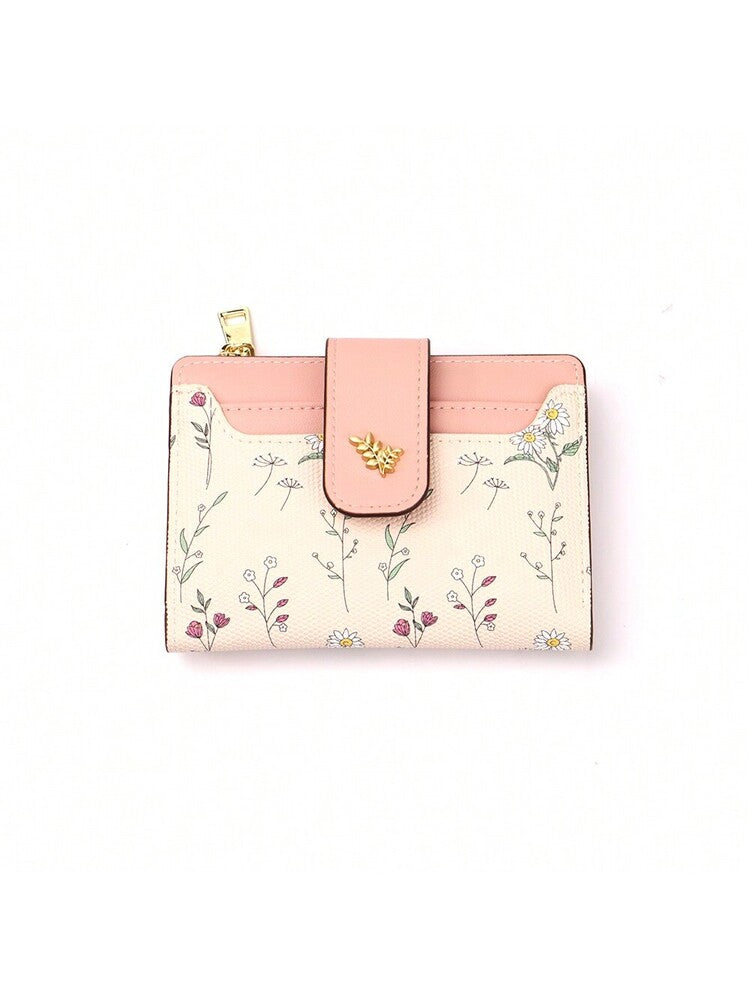 Tri-Fold Coin Wallet with Leaf Metal Button, Stylish Compact Card Holder for Women, Small Fashionable PU Purse, Elegant and Practical Design