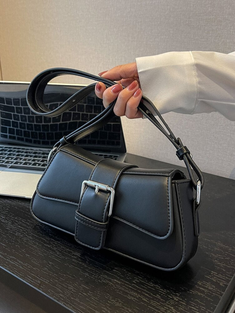 Small PU Shoulder Bag with Buckle Decor, Solid Colour Underarm Purse with Magnet Closure and Zipper, Stylish Compact Bag for Any Occasion