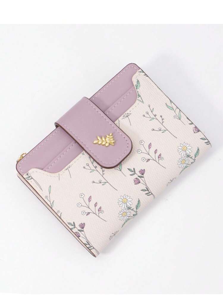 Tri-Fold Coin Wallet with Leaf Metal Button, Stylish Compact Card Holder for Women, Small Fashionable PU Purse, Elegant and Practical Design