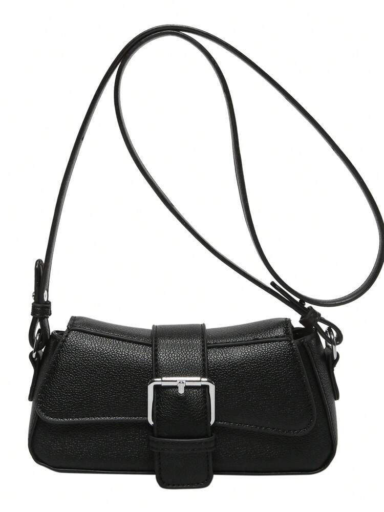 Small PU Shoulder Bag with Buckle Decor, Solid Colour Underarm Purse with Magnet Closure and Zipper, Stylish Compact Bag for Any Occasion