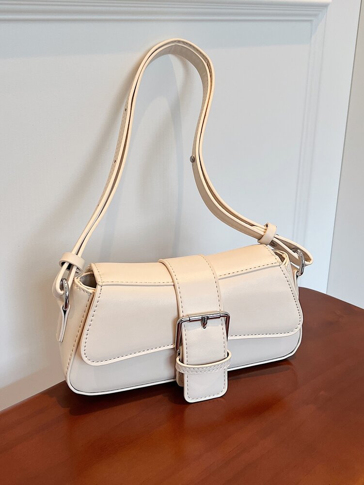 Small PU Shoulder Bag with Buckle Decor, Solid Colour Underarm Purse with Magnet Closure and Zipper, Stylish Compact Bag for Any Occasion