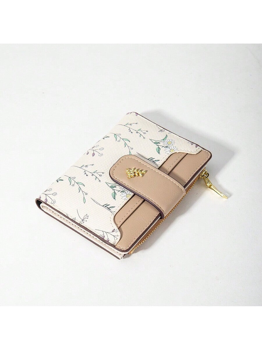 Tri-Fold Coin Wallet with Leaf Metal Button, Stylish Compact Card Holder for Women, Small Fashionable PU Purse, Elegant and Practical Design