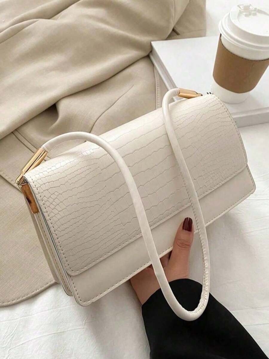 Crocodile Embossed Flap Shoulder Bag for Women, Fashionable Textured PU Leather Purse, Elegant Compact Handbag for Daily Use and Events