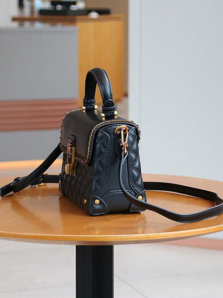 Rhombus Embroidered Boxy Handbag for Women, Chic Shoulder and Crossbody Bag with Clasp, Versatile High-End 2025 Design for Daily Commute