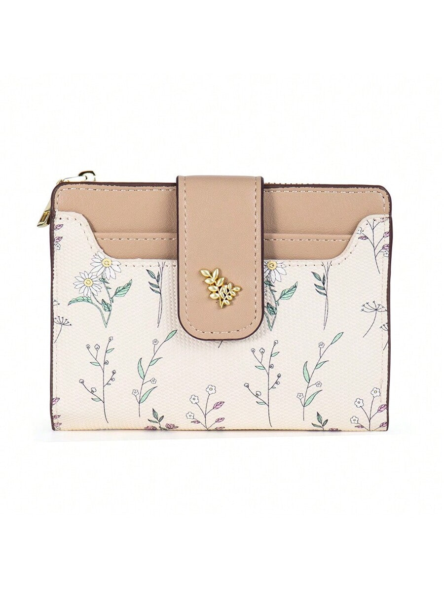 Tri-Fold Coin Wallet with Leaf Metal Button, Stylish Compact Card Holder for Women, Small Fashionable PU Purse, Elegant and Practical Design