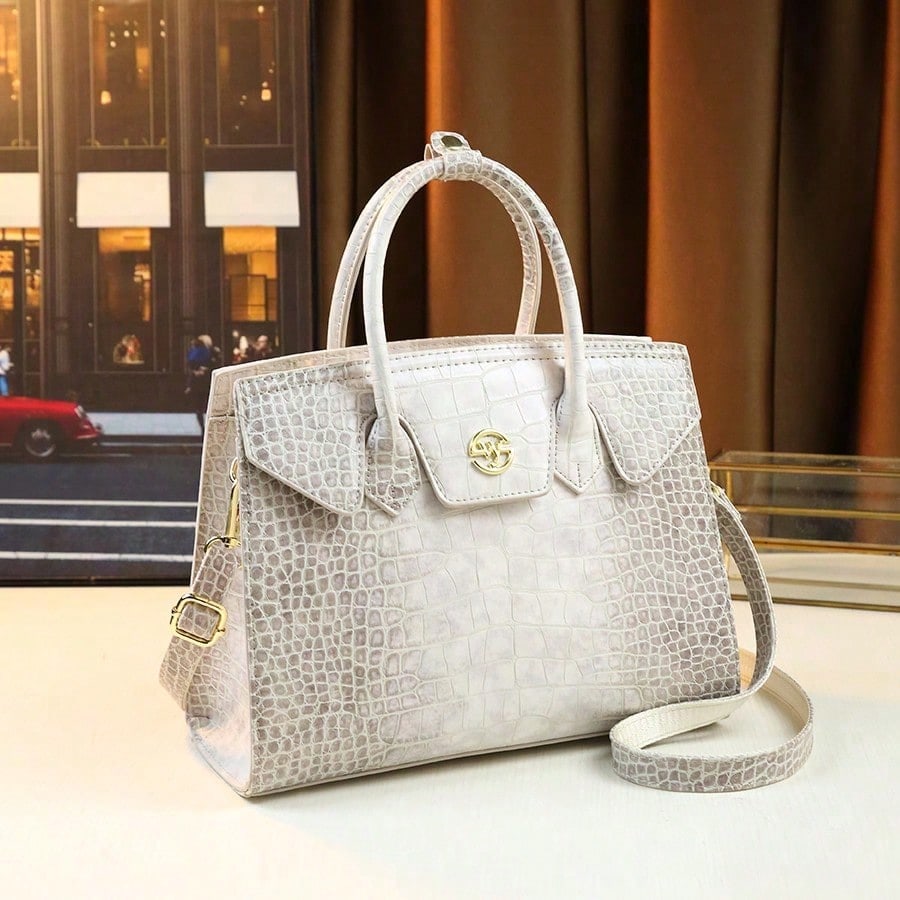 Himalayan White Crocodile Pattern Handbag for Women, Large Capacity Fashionable Tote, Elegant Commuter Shoulder Bag for Work or Travel