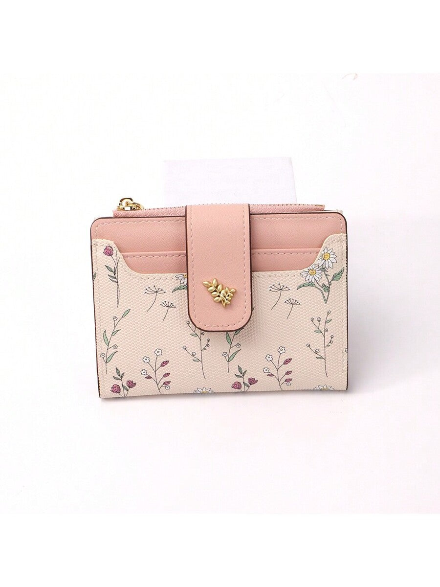 Tri-Fold Coin Wallet with Leaf Metal Button, Stylish Compact Card Holder for Women, Small Fashionable PU Purse, Elegant and Practical Design