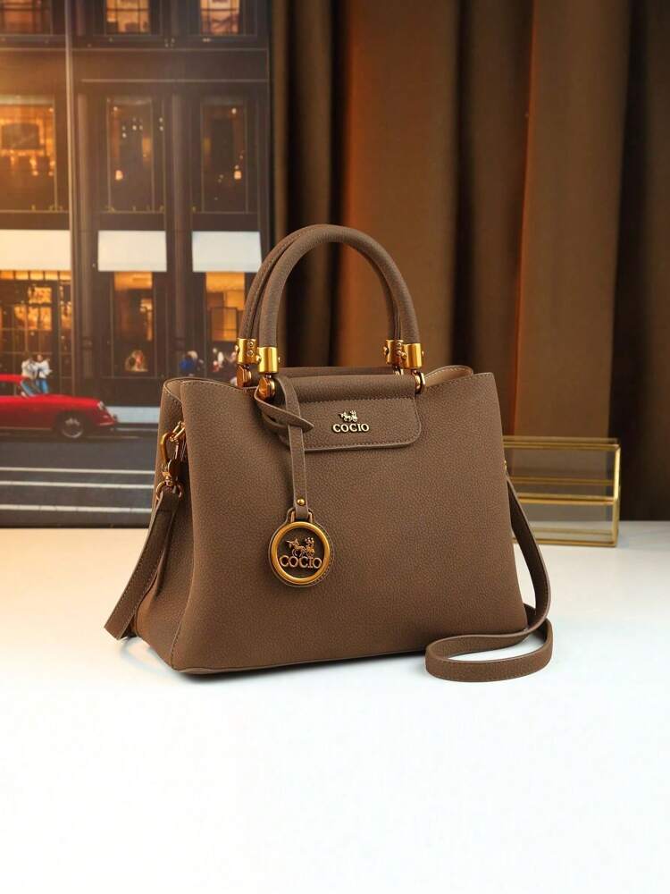 Autumn/Winter Elegant Brown Shoulder Tote for Women, Mature Commuter Handbag with Crossbody Option and Nameplate Charm for Daily Use