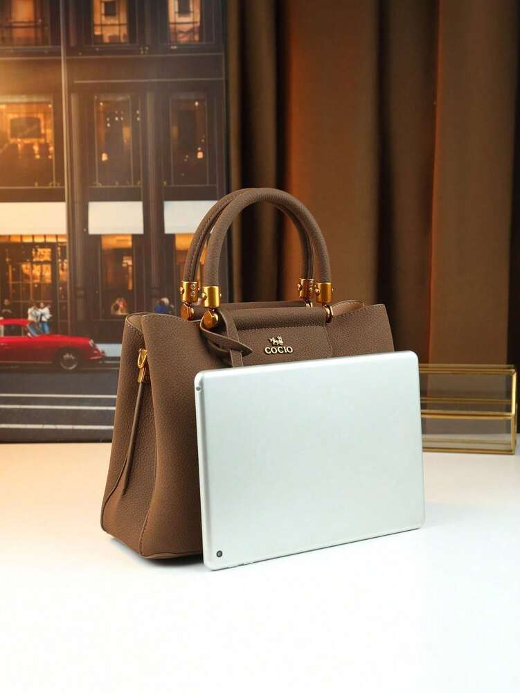 Autumn/Winter Elegant Brown Shoulder Tote for Women, Mature Commuter Handbag with Crossbody Option and Nameplate Charm for Daily Use