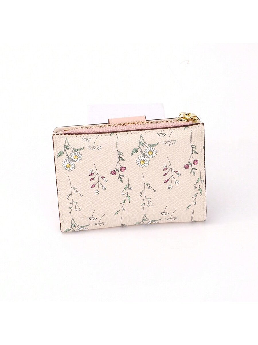 Tri-Fold Coin Wallet with Leaf Metal Button, Stylish Compact Card Holder for Women, Small Fashionable PU Purse, Elegant and Practical Design