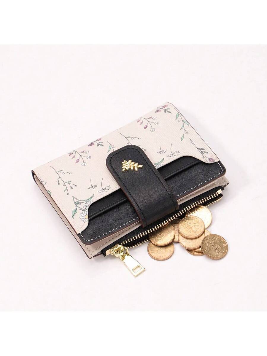 Tri-Fold Coin Wallet with Leaf Metal Button, Stylish Compact Card Holder for Women, Small Fashionable PU Purse, Elegant and Practical Design