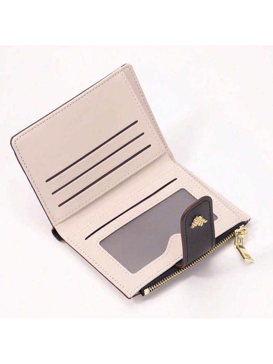 Tri-Fold Coin Wallet with Leaf Metal Button, Stylish Compact Card Holder for Women, Small Fashionable PU Purse, Elegant and Practical Design