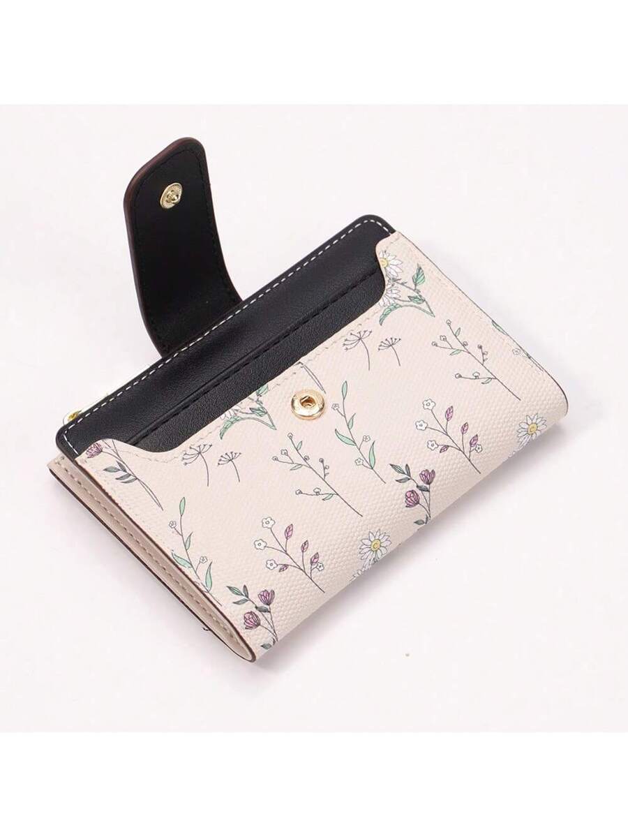 Tri-Fold Coin Wallet with Leaf Metal Button, Stylish Compact Card Holder for Women, Small Fashionable PU Purse, Elegant and Practical Design