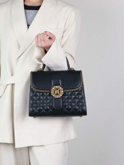 Rhombus Embroidered Boxy Handbag for Women, Chic Shoulder and Crossbody Bag with Clasp, Versatile High-End 2025 Design for Daily Commute