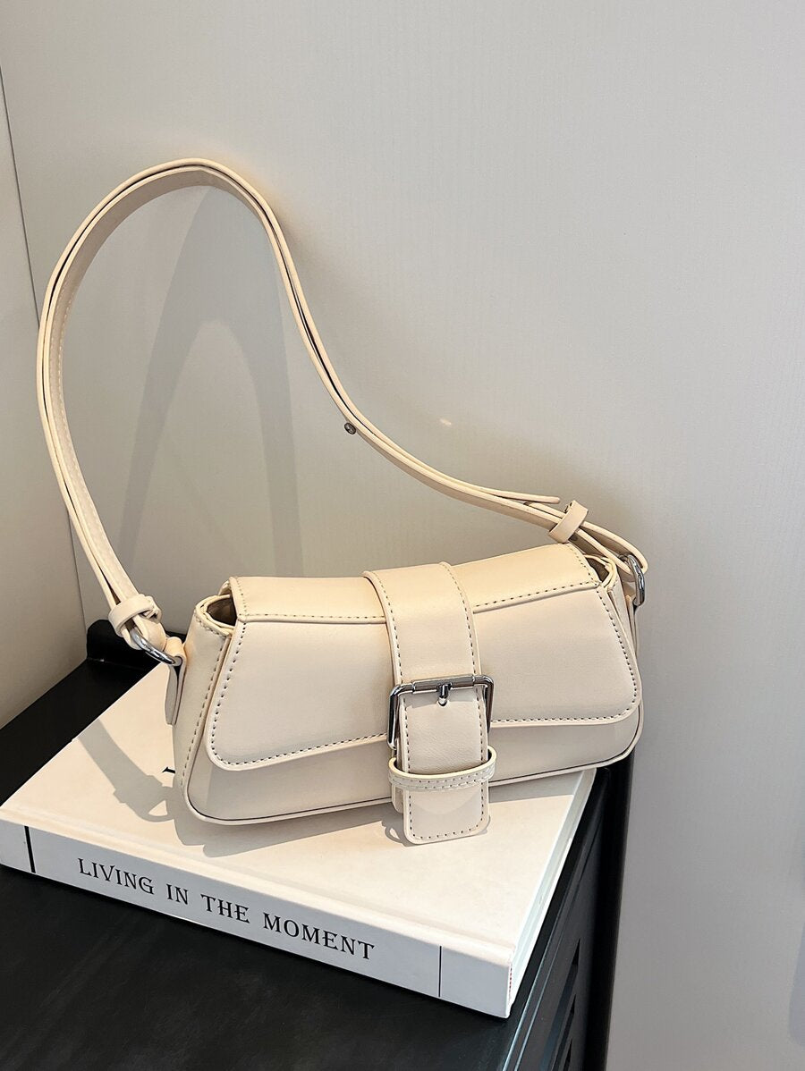 Small PU Shoulder Bag with Buckle Decor, Solid Colour Underarm Purse with Magnet Closure and Zipper, Stylish Compact Bag for Any Occasion