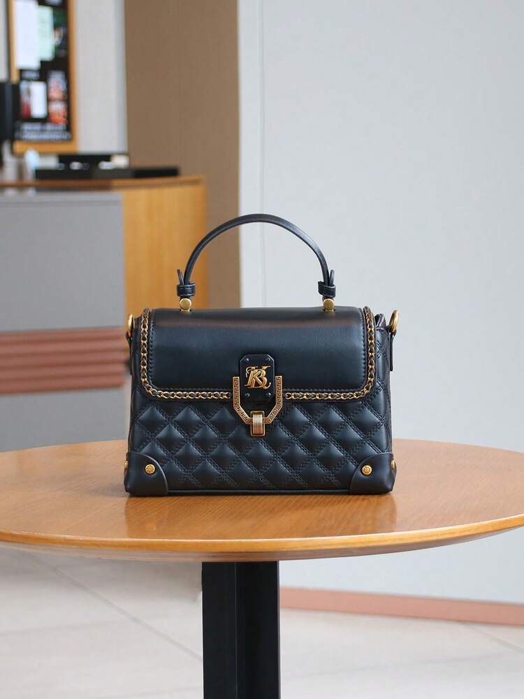 Rhombus Embroidered Boxy Handbag for Women, Chic Shoulder and Crossbody Bag with Clasp, Versatile High-End 2025 Design for Daily Commute
