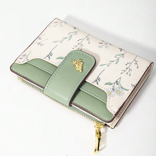 Tri-Fold Coin Wallet with Leaf Metal Button, Stylish Compact Card Holder for Women, Small Fashionable PU Purse, Elegant and Practical Design