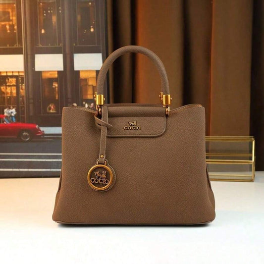 Autumn/Winter Elegant Brown Shoulder Tote for Women, Mature Commuter Handbag with Crossbody Option and Nameplate Charm for Daily Use