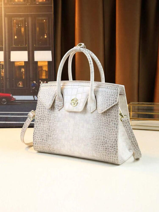 Himalayan White Crocodile Pattern Handbag for Women, Large Capacity Fashionable Tote, Elegant Commuter Shoulder Bag for Work or Travel
